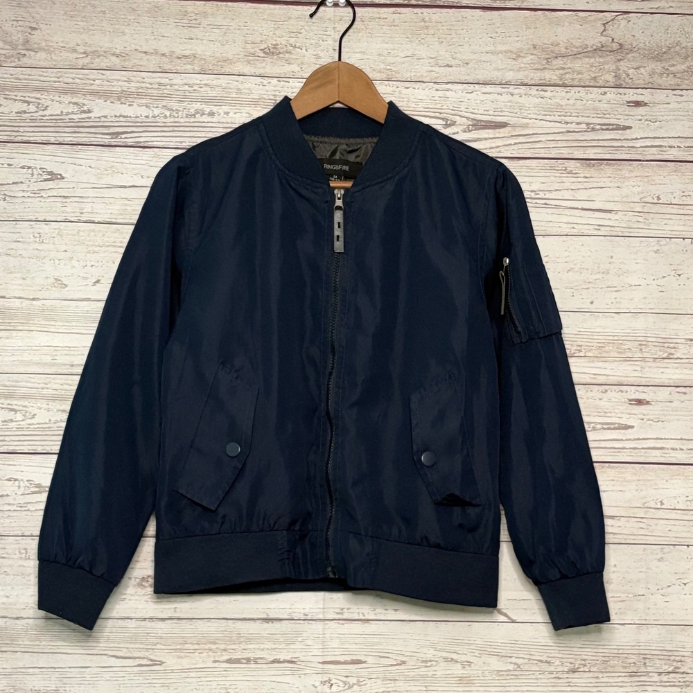 Ring of Fire Full Zip Utility Pocket Navy Blue Bomber Jacket Boys M 10-12